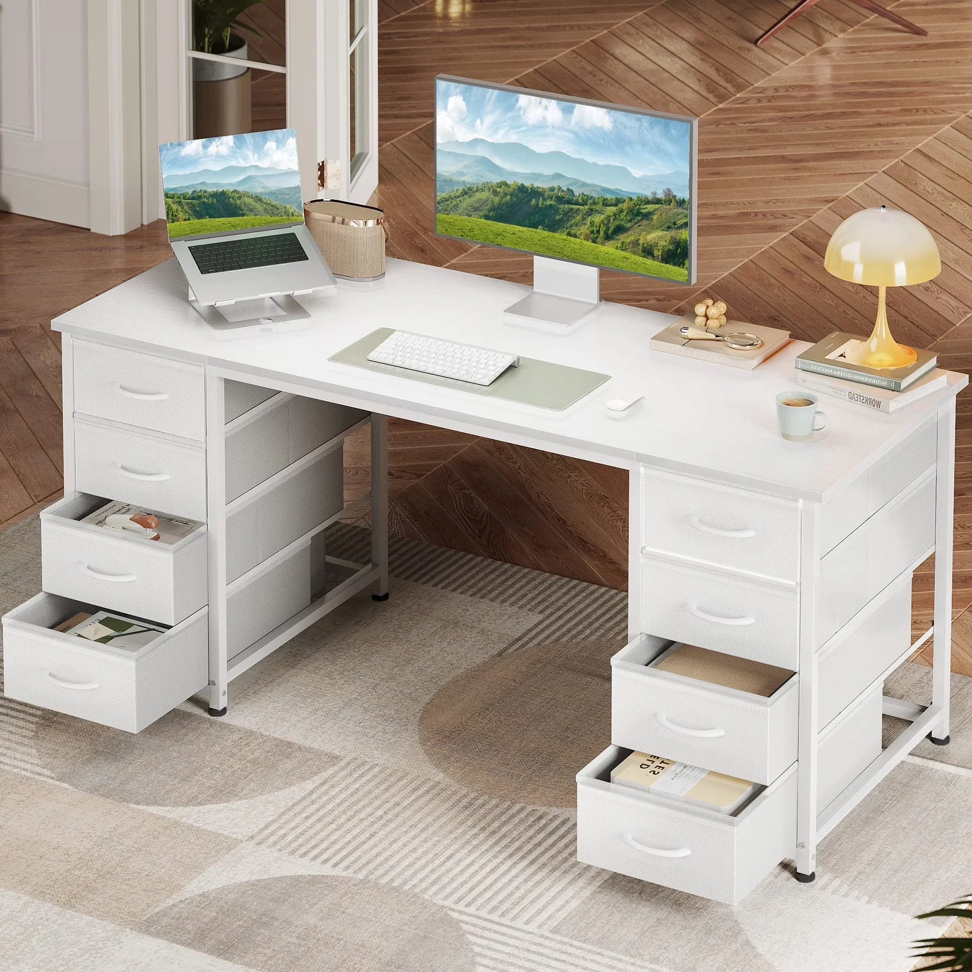 Vintage Computer Desk with Drawers for Storage - 55 Inch Home Office Desk with 8 Fabric Drawers, Writing Study Desk with Drawers on Both Sides for Bedroom