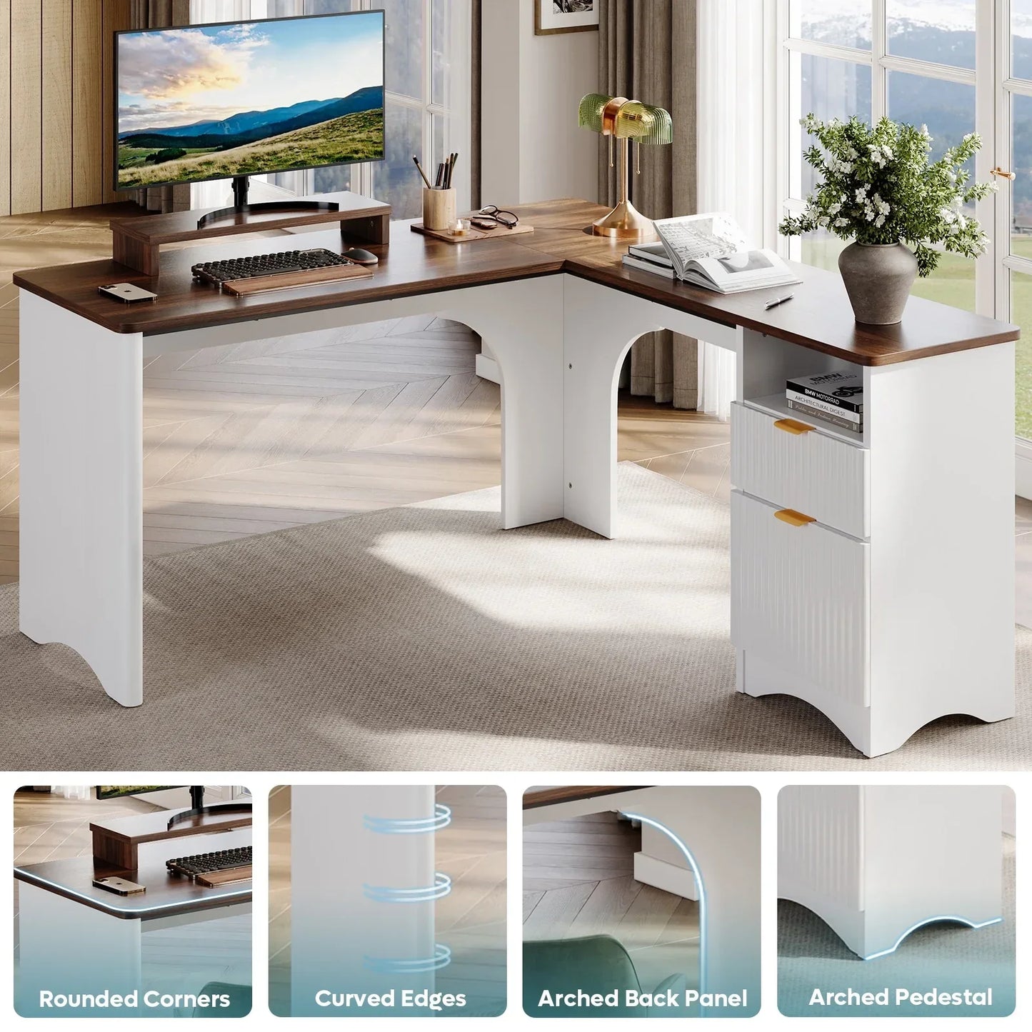 L Shaped Desk with Drawers, 55.7" X 55" Office Computer Desk with round Corners, Monitor Stand & Fluted Panels, White & Walnut