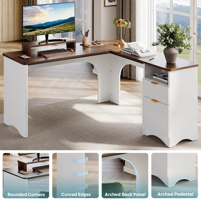 L Shaped Desk with Drawers, 55.7" X 55" Office Computer Desk with round Corners, Monitor Stand & Fluted Panels, White & Walnut
