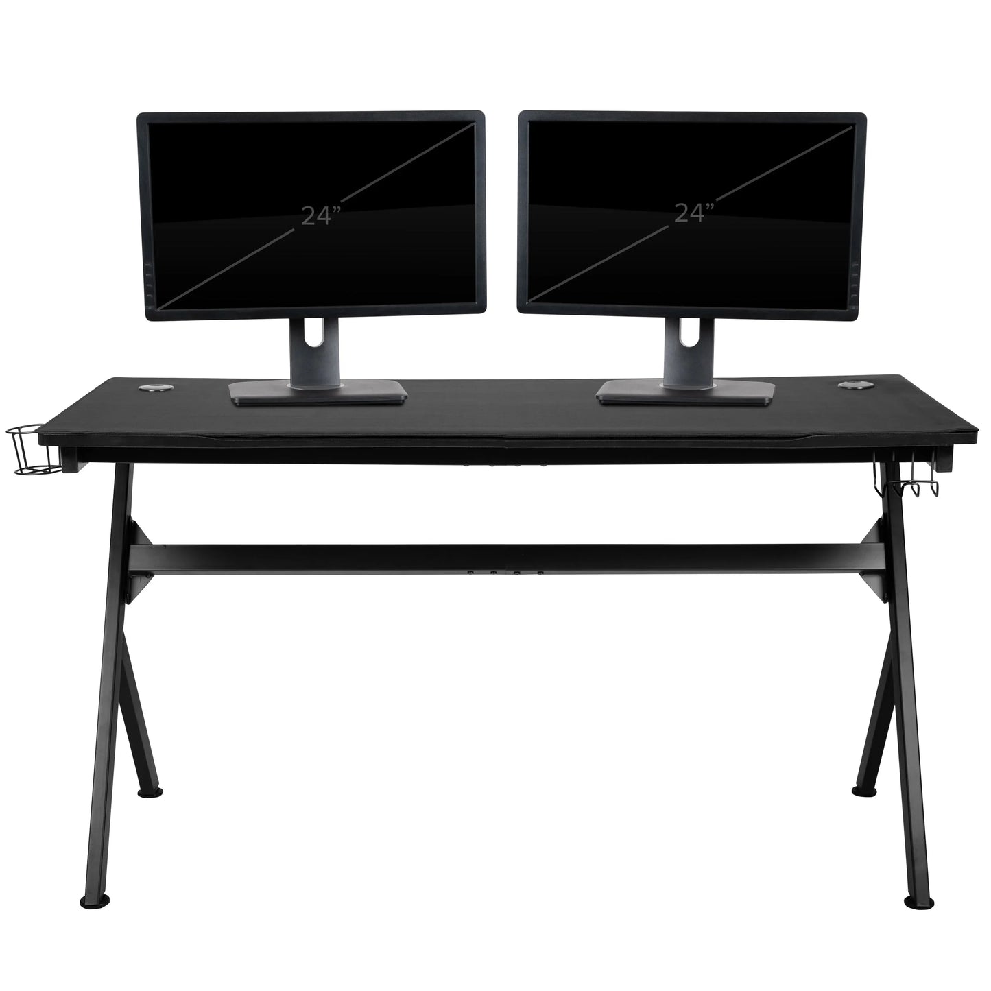 Black gaming desk with dual 24-inch monitors, cup holder, and headphone hook on white background
