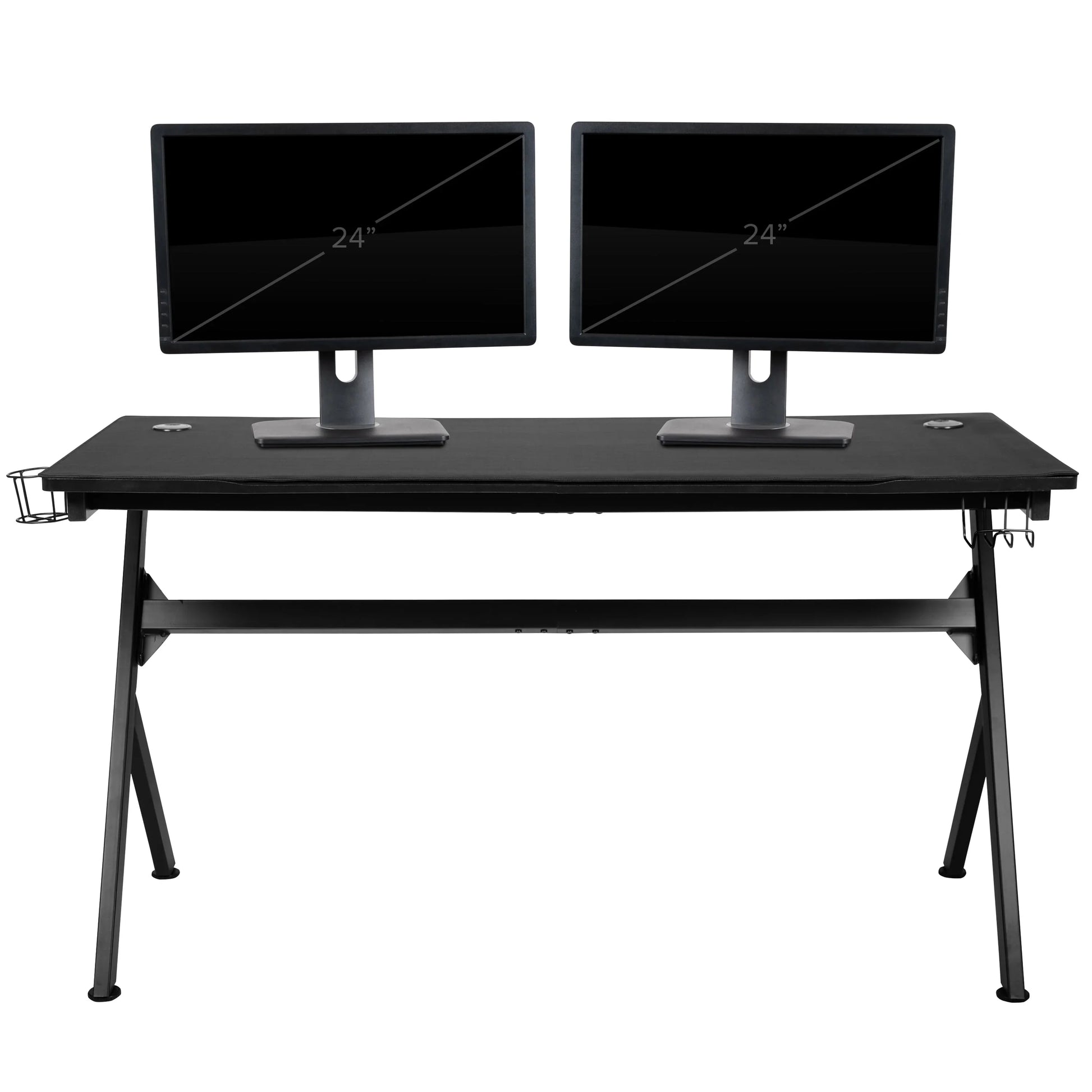 Black gaming desk with dual 24-inch monitors, cup holder, and headphone hook on white background