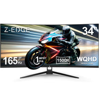 34-inch Z-Edge curved gaming monitor displaying a speeding motorcycle scene, features 165Hz refresh rate, 1ms response time, 1500R curvature, WQHD 3440x1440 resolution
