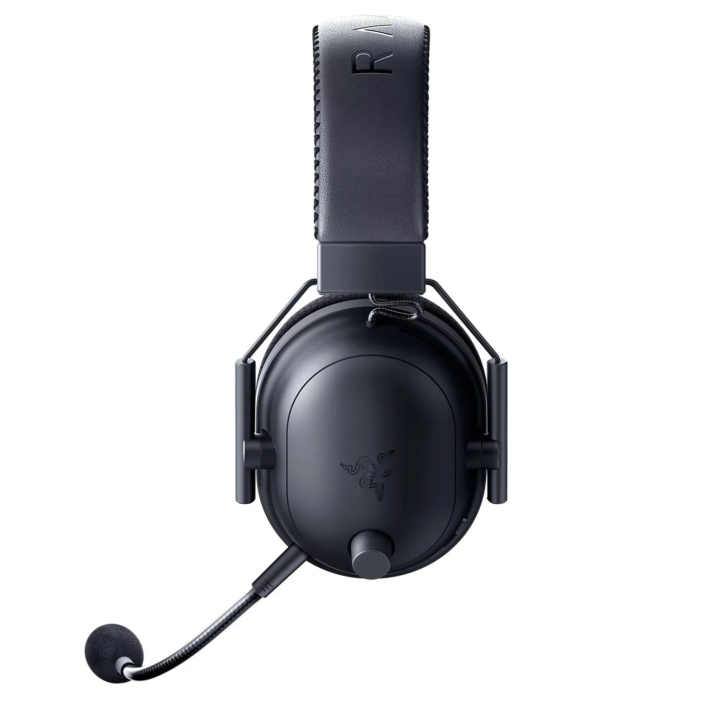 Black gaming headset with adjustable microphone and padded headband on white background