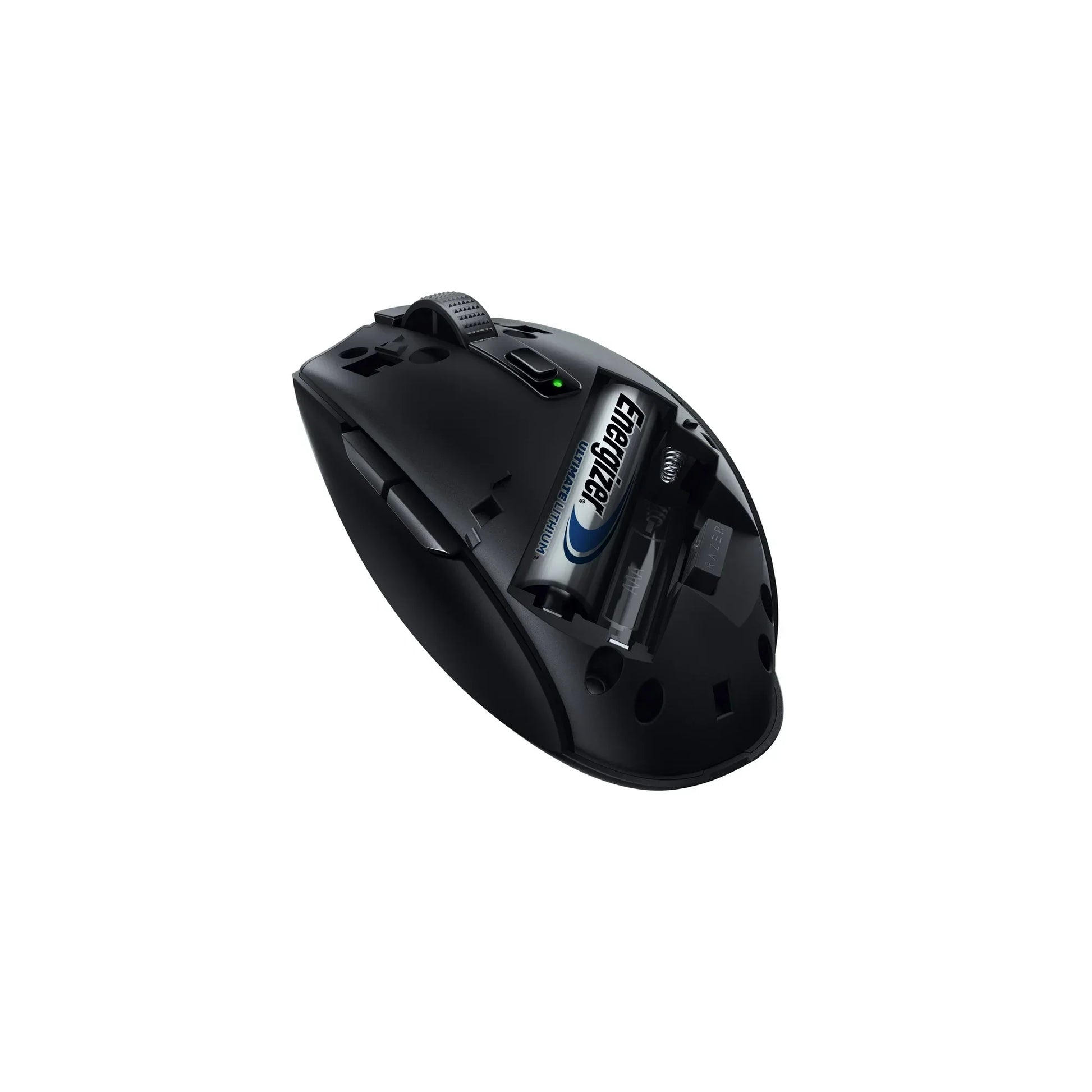 Black gaming mouse with open battery compartment showing Energizer lithium AA battery and scroll wheel