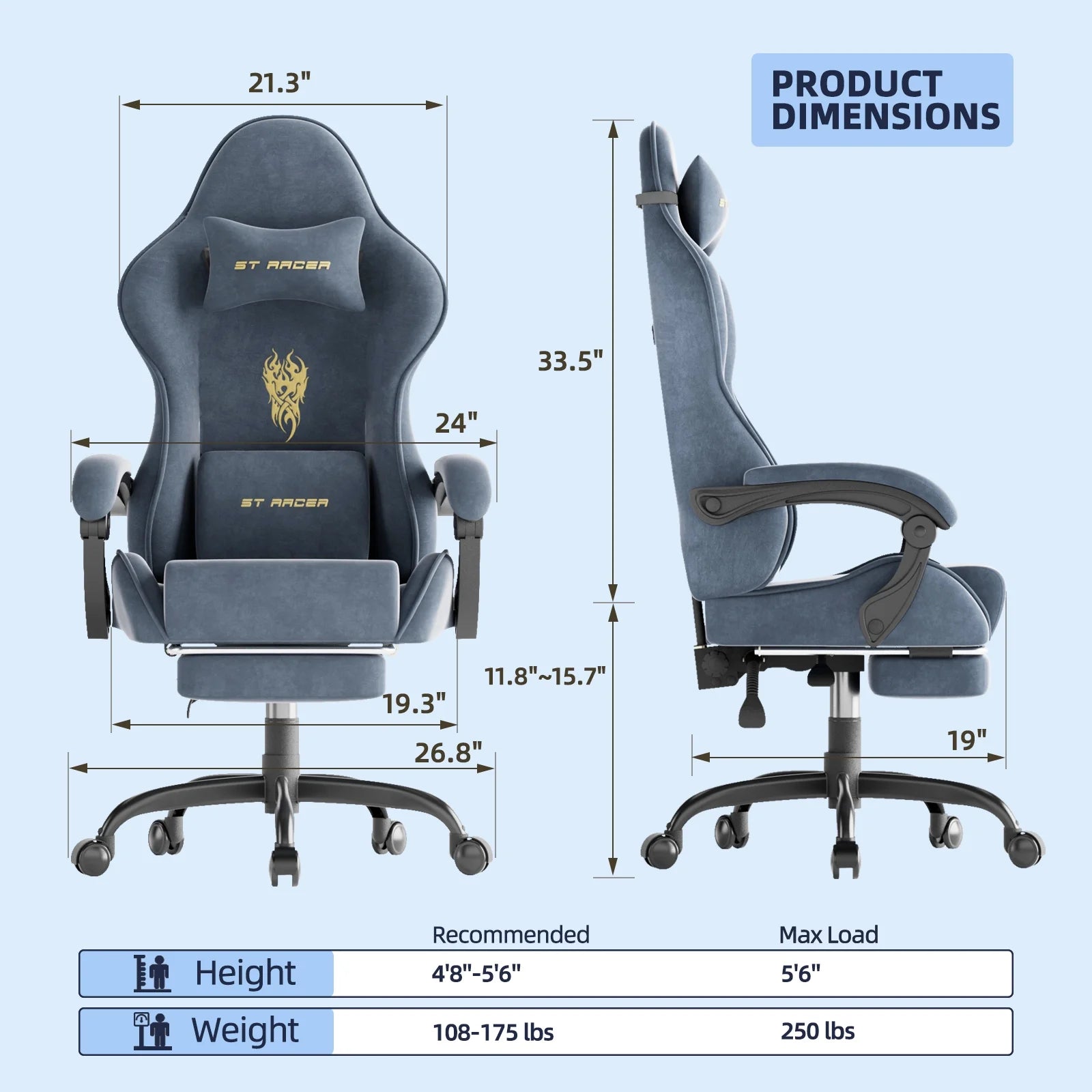 Blue ST Racer gaming chair with dimensions, height/weight recommendations, and ergonomic design for gamers