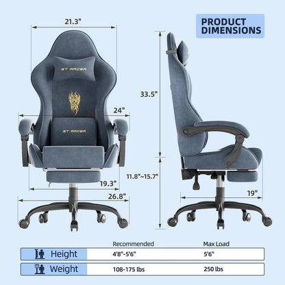 Blue ST Racer gaming chair with dimensions, height/weight recommendations, and ergonomic design for gamers