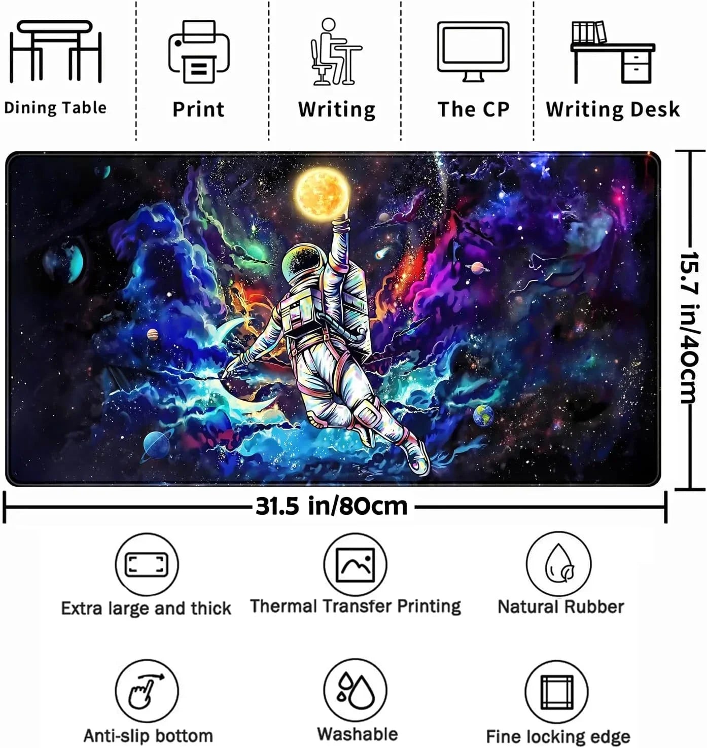 Extra large 31.5x15.7 inch gaming mouse pad with colorful astronaut space art, washable and anti-slip