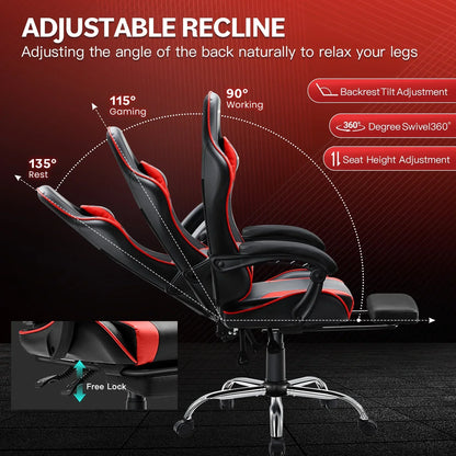 Black and red ergonomic gaming chair showing adjustable recline angles of 90°, 115°, and 135° on black floor