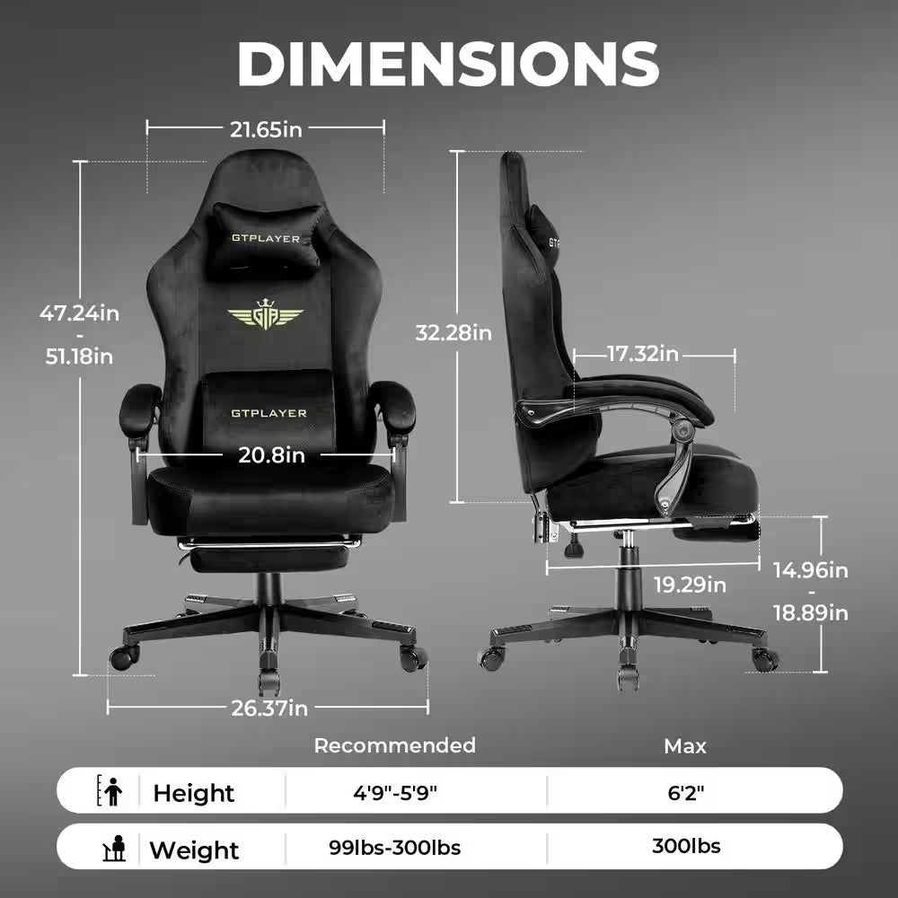 GTPLAYER gaming chair dimensions with height and weight specs for ergonomic setup