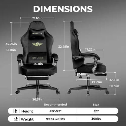 GTPLAYER gaming chair dimensions with height and weight specs for ergonomic setup