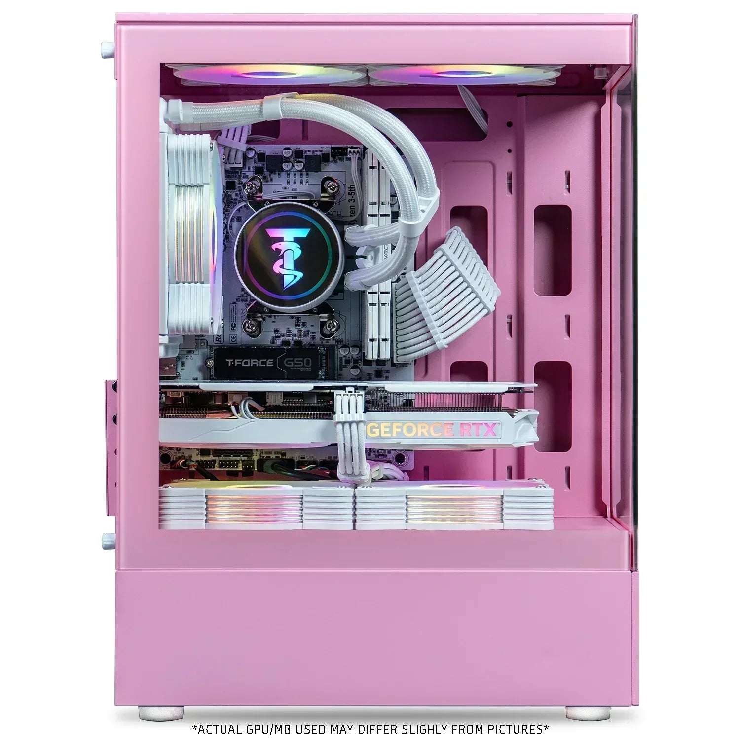 Pink gaming PC case with RGB lighting, GeForce RTX GPU, and white braided cables