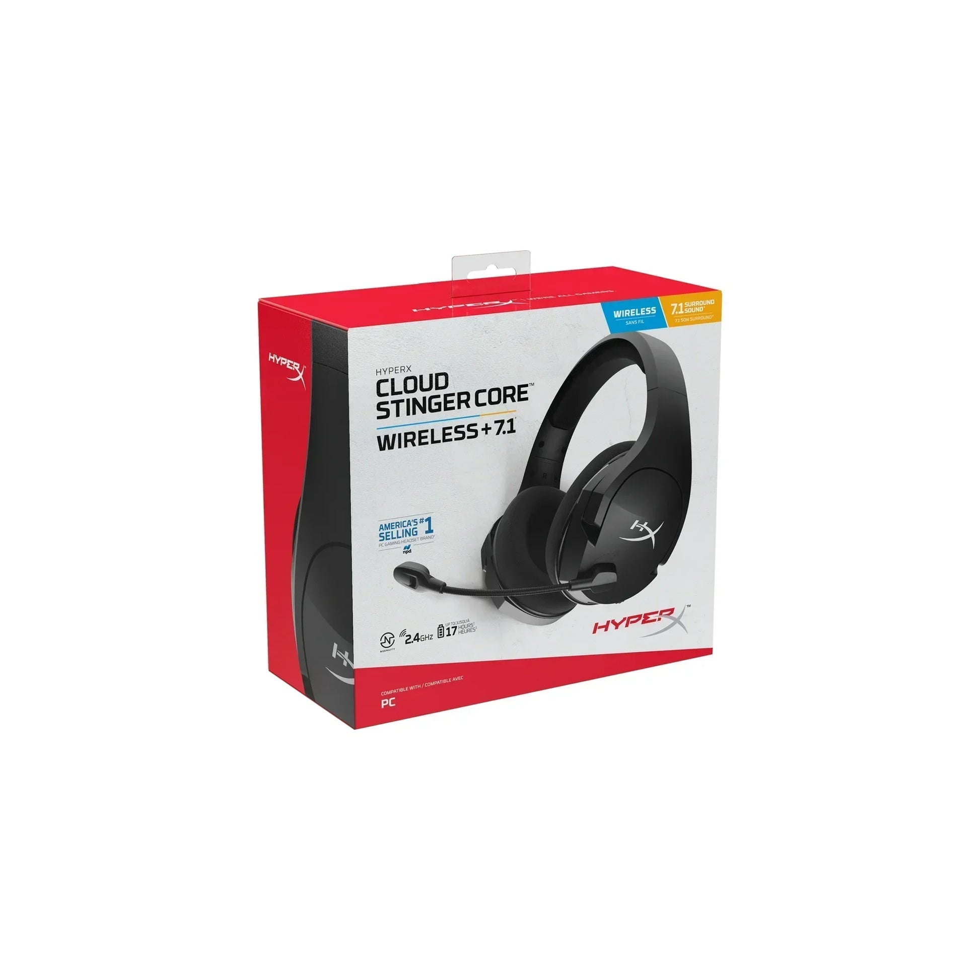 HyperX Cloud Stinger Core wireless gaming headset box with 7.1 surround sound for PC