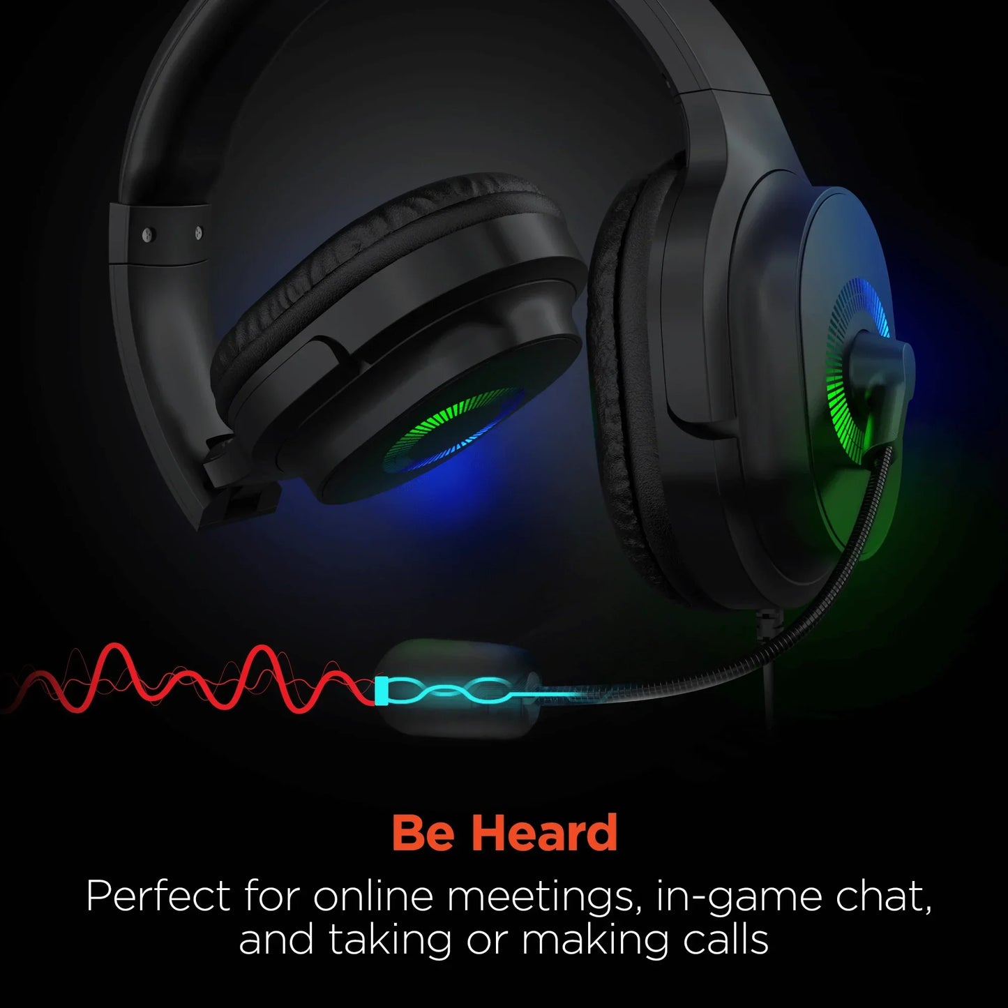 Black gaming headset with colored LED lights and boom microphone for online meetings and calls