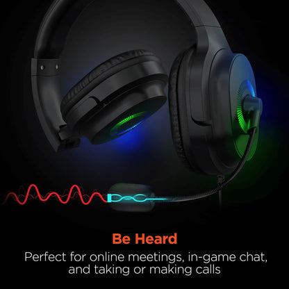 Black gaming headset with colored LED lights and boom microphone for online meetings and calls