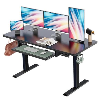 55" X 24" Electric Standing Desk with Keyboard Tray, Height Adjustable Sit Stand up Desk with Headphone Hook & 4 Height Memory Pre-Set for Home Office, Black