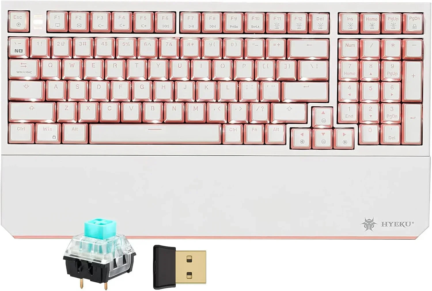 White and pink Hyeku mechanical gaming keyboard with switch and USB dongle, retro 8-bit style