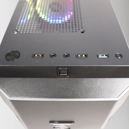 Top view of black gaming PC case with RGB fan, USB ports, audio jacks, and power buttons