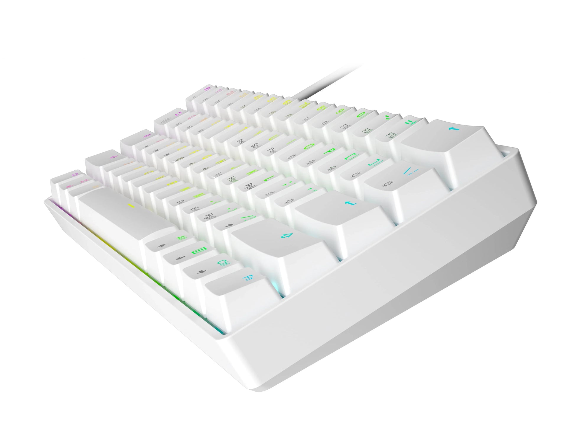 white mechanical keyboard with RGB backlit keys and compact design on white background