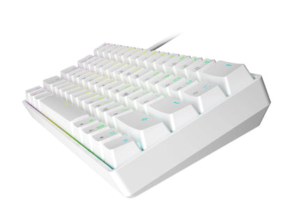 white mechanical keyboard with RGB backlit keys and compact design on white background