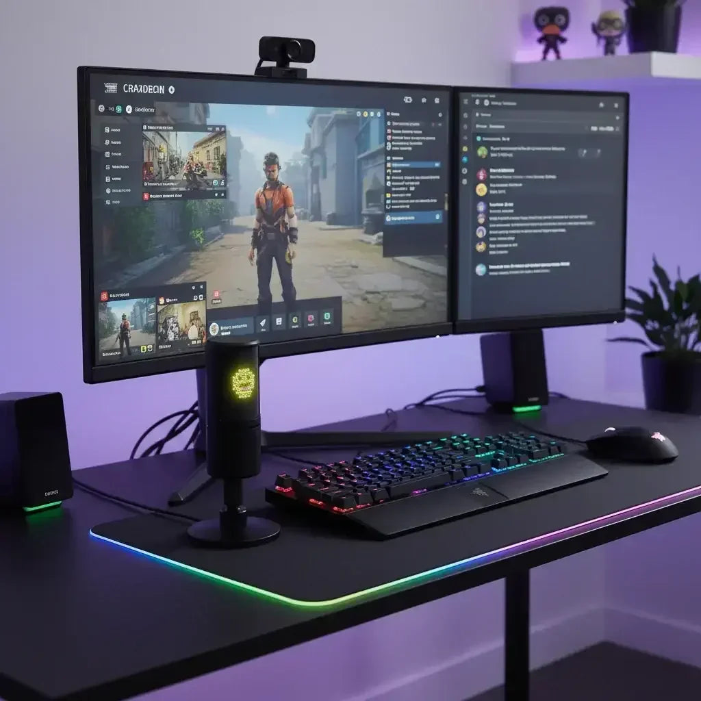 Dual monitor gaming setup with RGB keyboard, microphone, and gaming mouse on black desk