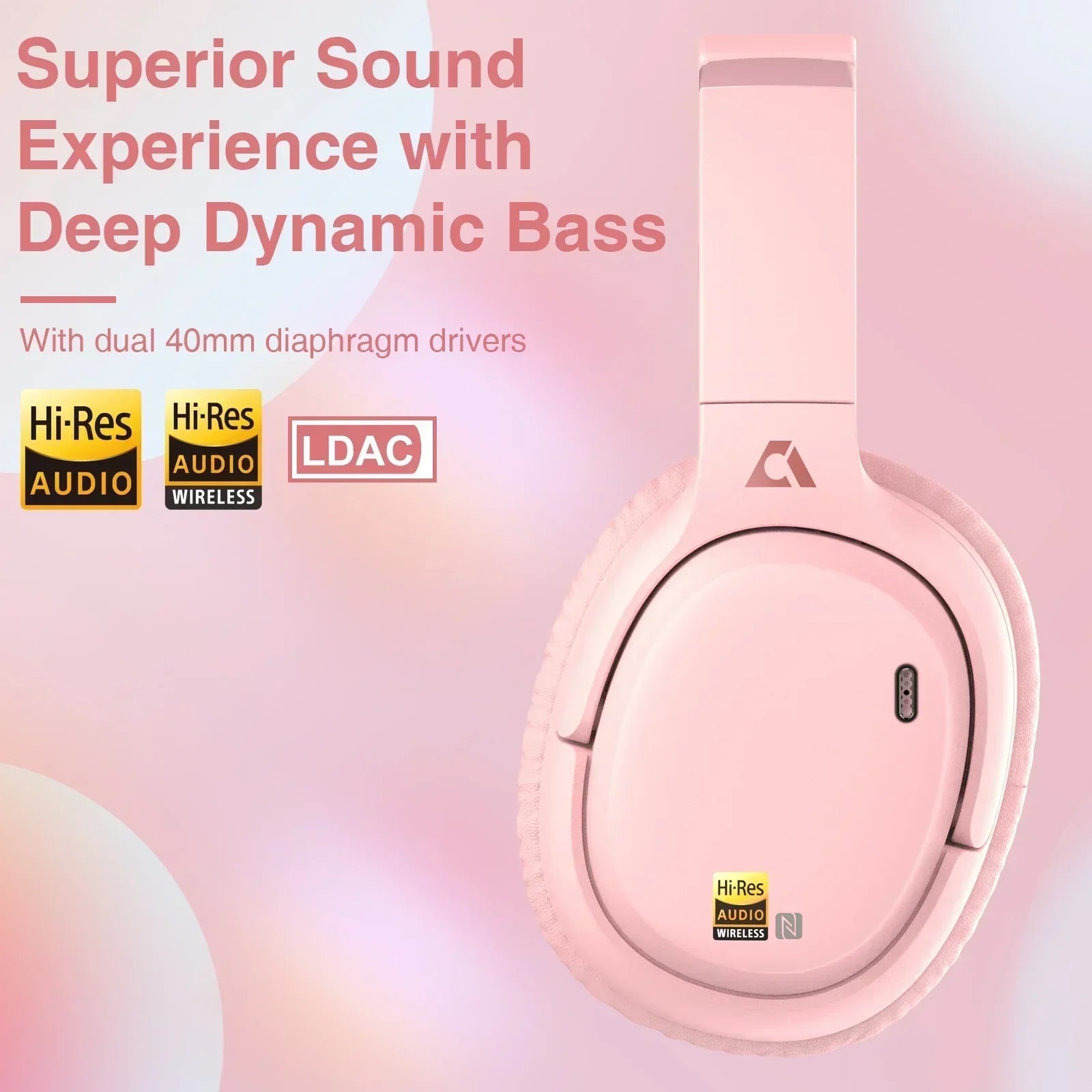 Pink wireless over-ear headphones with Hi-Res Audio, LDAC, and dual 40mm drivers on pastel background