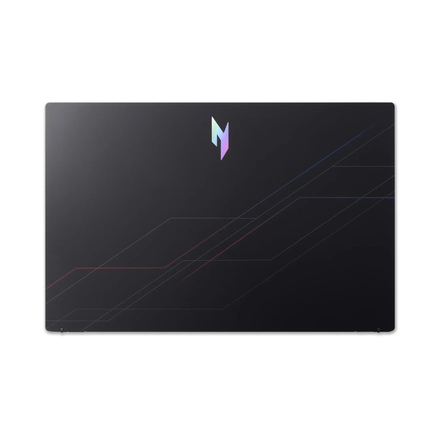 Slim black gaming laptop with geometric accents and a colorful logo on the lid