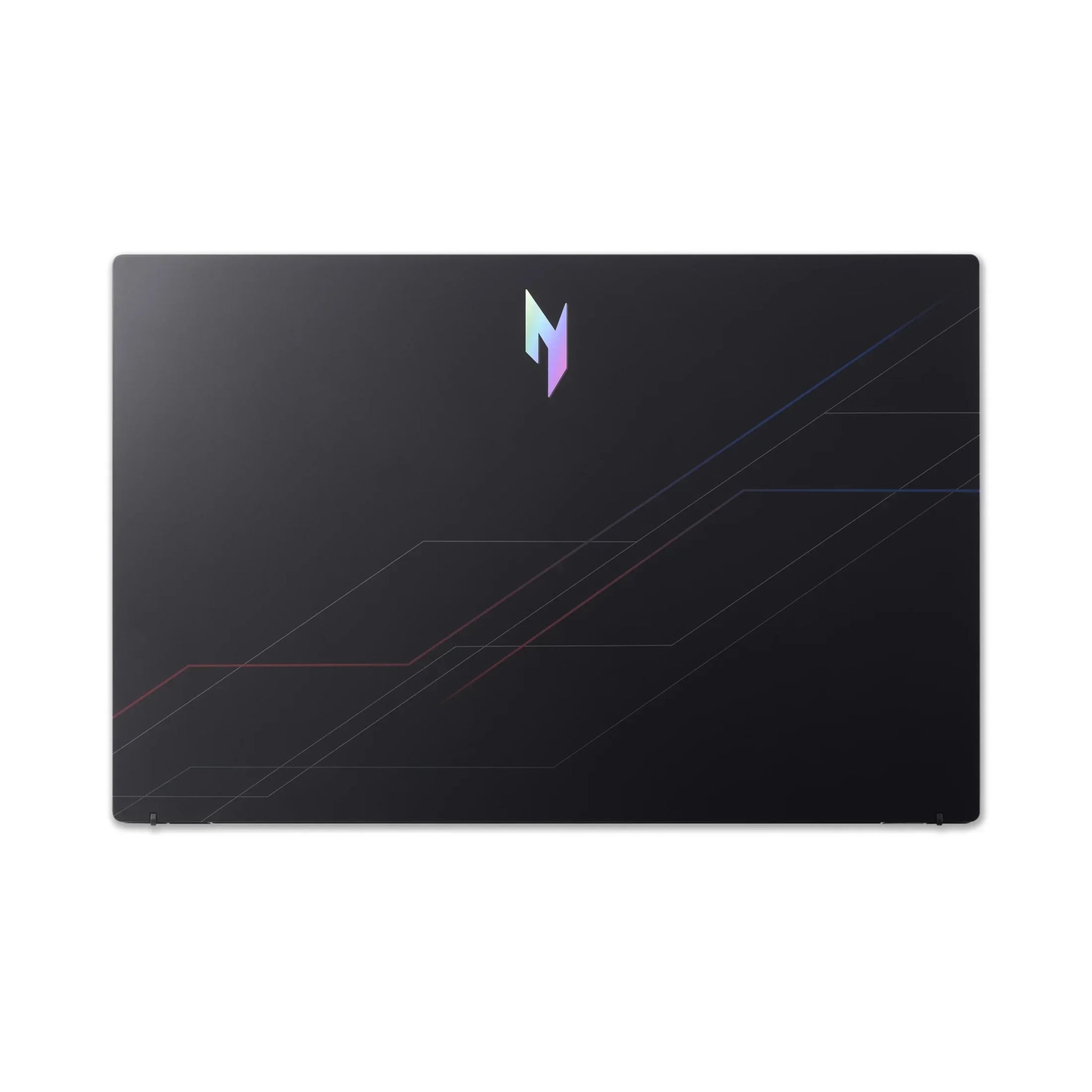 Slim black gaming laptop with geometric accents and a colorful logo on the lid