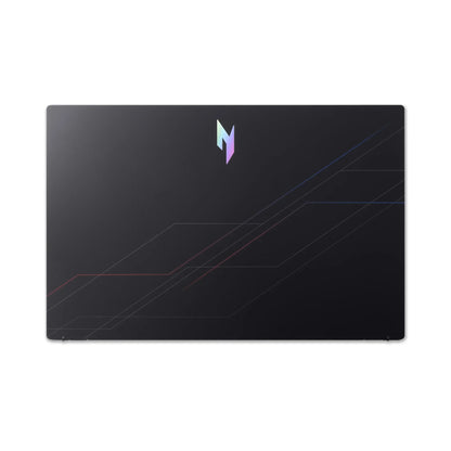 Slim black gaming laptop with geometric accents and a colorful logo on the lid