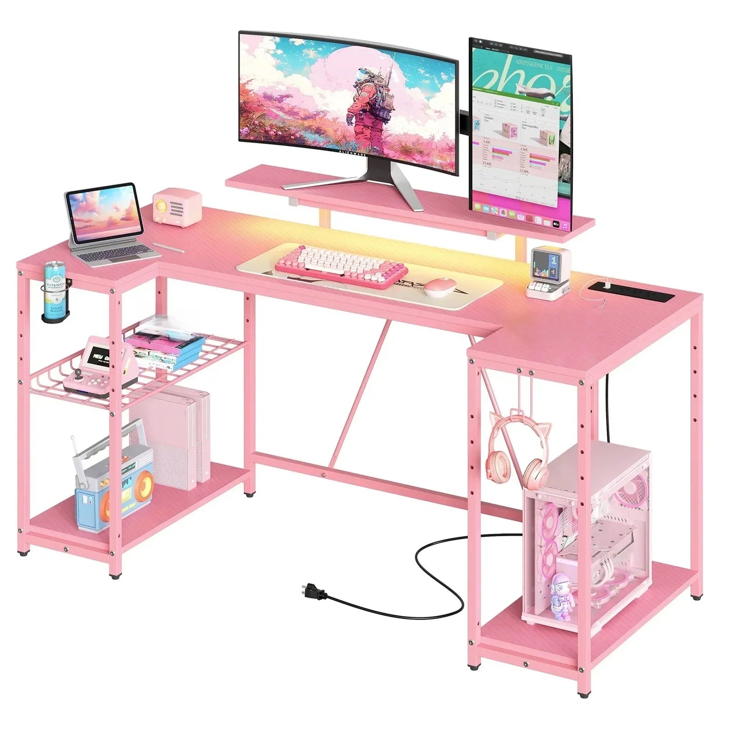 63" Gaming Desk with LED Lights, U-Shaped Computer Desk with Outlets & Monitor Stand, Home Office Desk with Storage Shelves in Pink