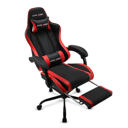 Black and red GTRacing ergonomic gaming chair with adjustable footrest and padded armrests