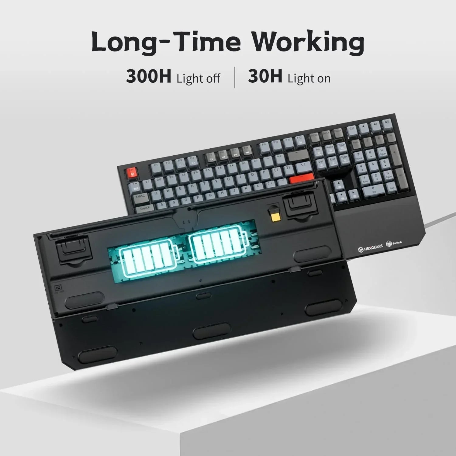 Wireless mechanical gaming keyboard with RGB backlight, showing internal battery and long battery life.