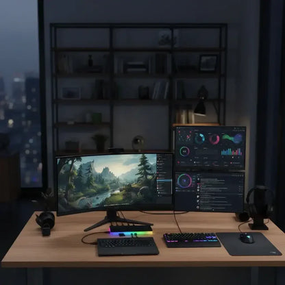 Modern dual monitor computer setup with gaming and data dashboards, RGB keyboard, and headphones on desk