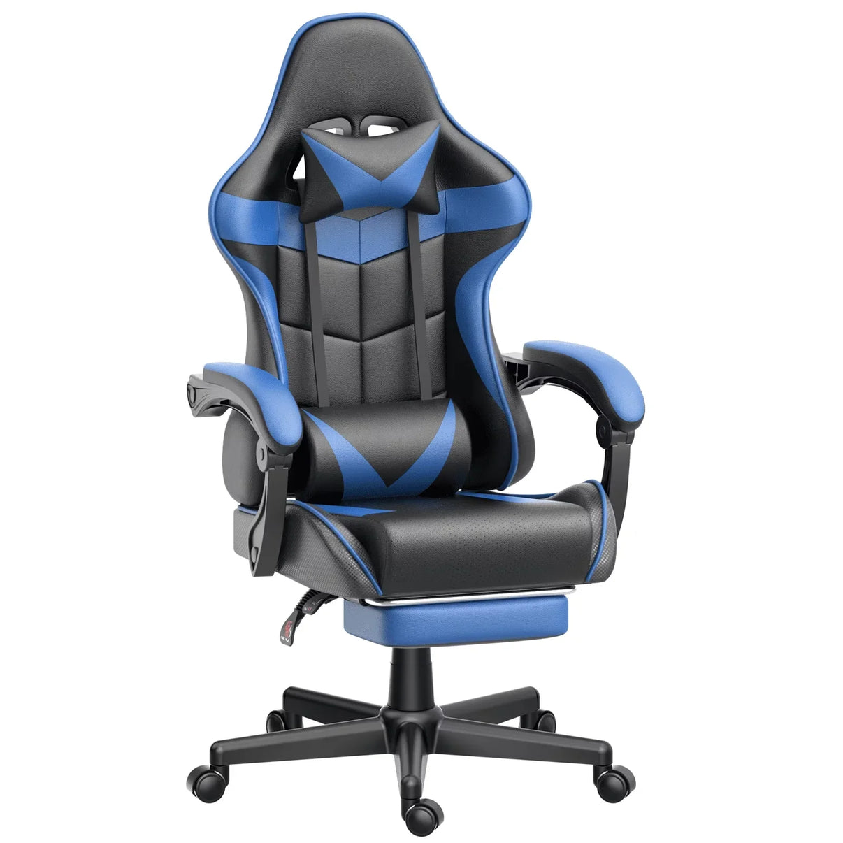 Ergonomic black and blue gaming chair with adjustable armrests, headrest, lumbar support, and wheeled base
