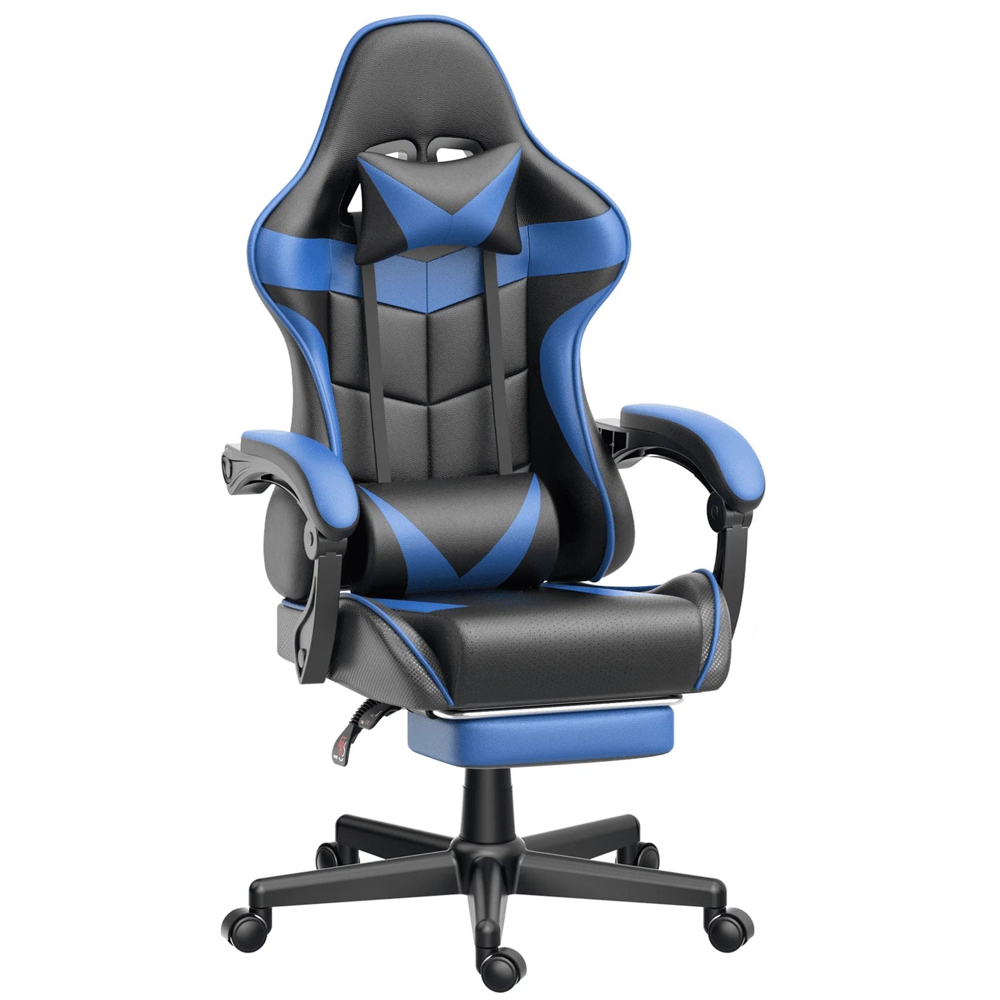 Blue and black gaming chair with lumbar support, adjustable arms, and footrest for ergonomic comfort