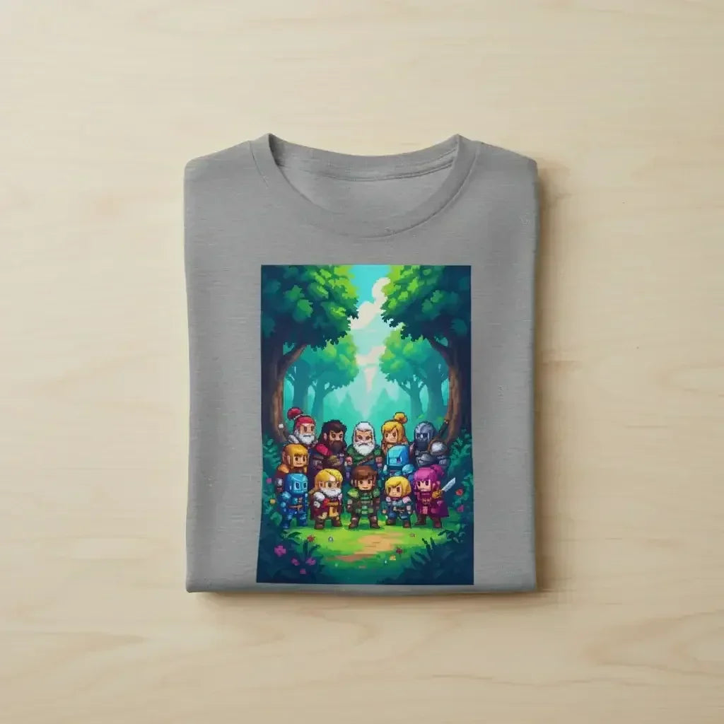 Gray t-shirt with pixel art fantasy characters in a forest scene, including knights and adventurers
