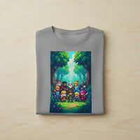Gray t-shirt with pixel art fantasy characters in a forest scene, including knights and adventurers