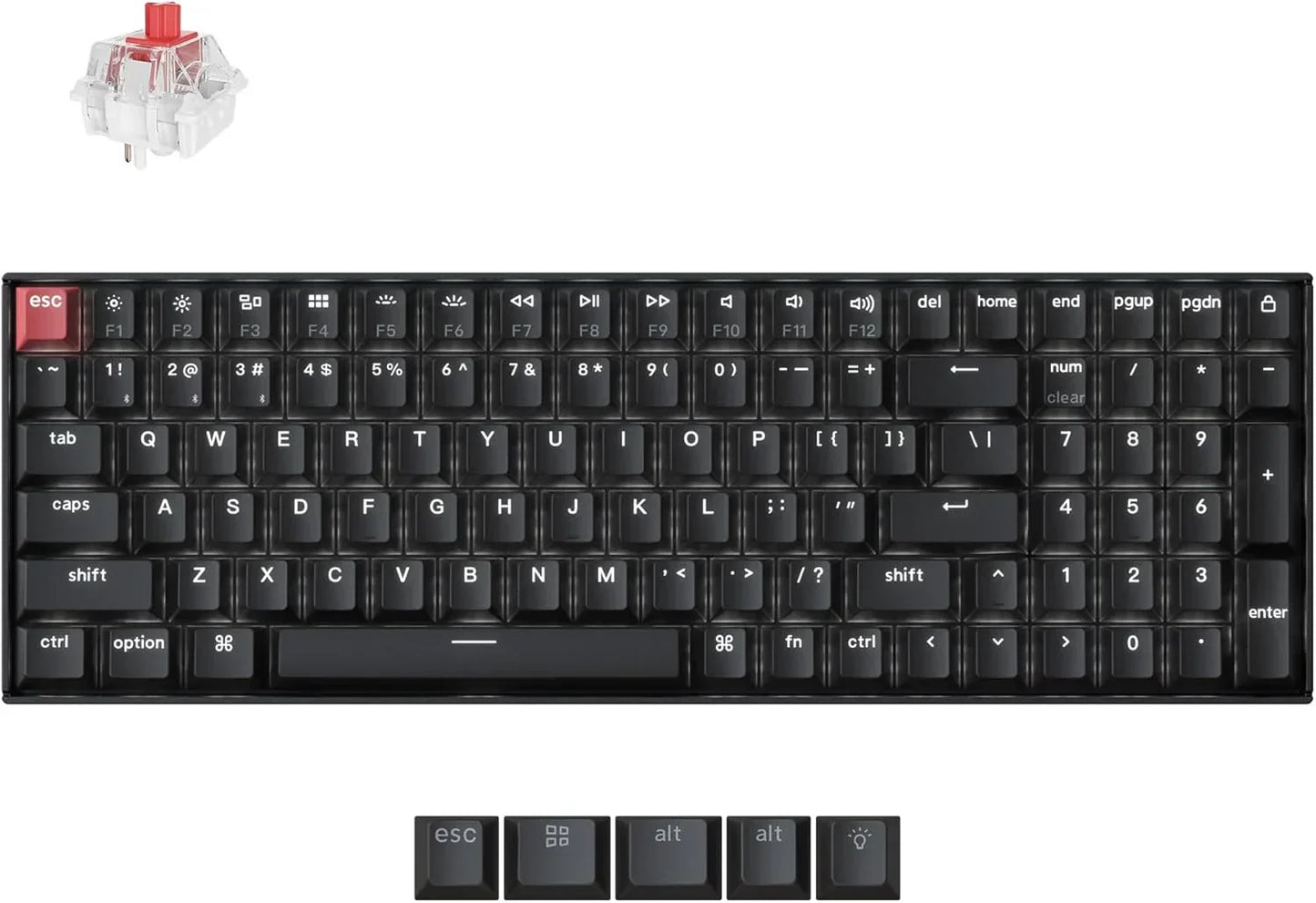 Black mechanical gaming keyboard with red esc key, extra keycaps, and a red switch, Byte Style gear