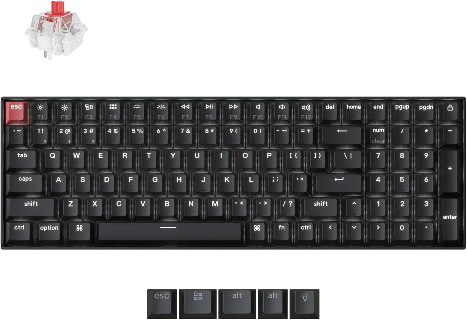 Black mechanical gaming keyboard with red esc key, extra keycaps, and a red switch, Byte Style gear