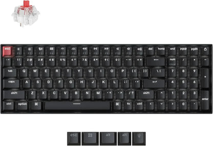 Black mechanical gaming keyboard with red esc key, extra keycaps, and a red switch, Byte Style gear