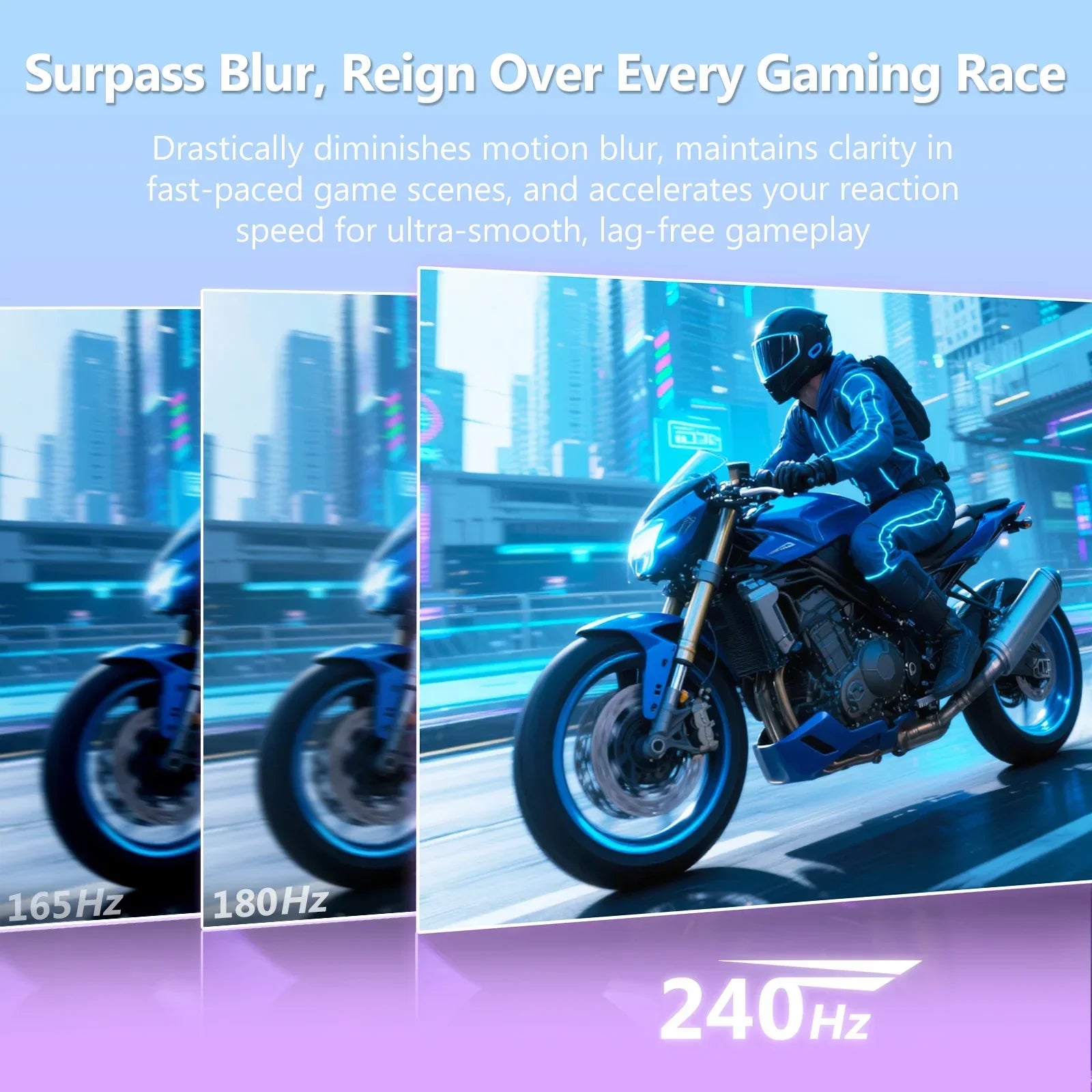 Comparison of motion blur reduction in gaming at 165Hz, 180Hz, and ultra-smooth 240Hz refresh rates with motorcycle racing
