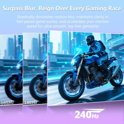 Comparison of motion blur reduction in gaming at 165Hz, 180Hz, and ultra-smooth 240Hz refresh rates with motorcycle racing