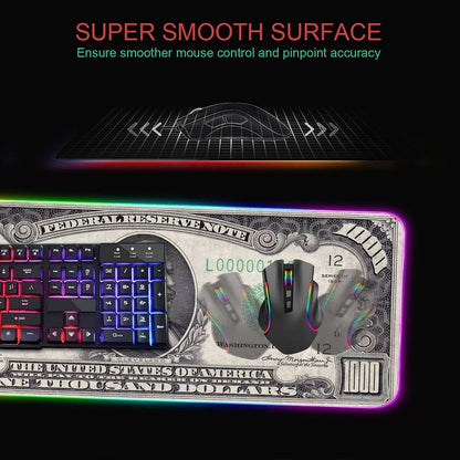 Gaming mouse moving smoothly on $1000 bill mouse pad with RGB lighting and colorful backlit keyboard