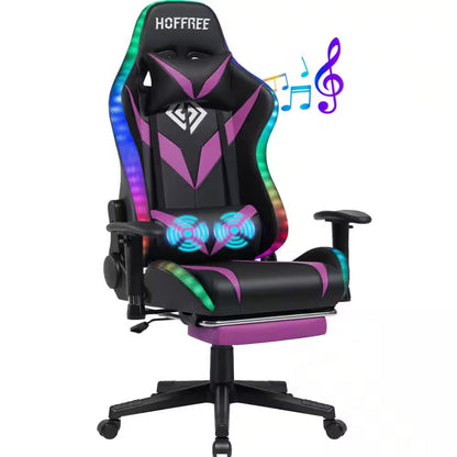 RGB gaming chair with built-in speakers, purple accents, and lumbar support for PC setup