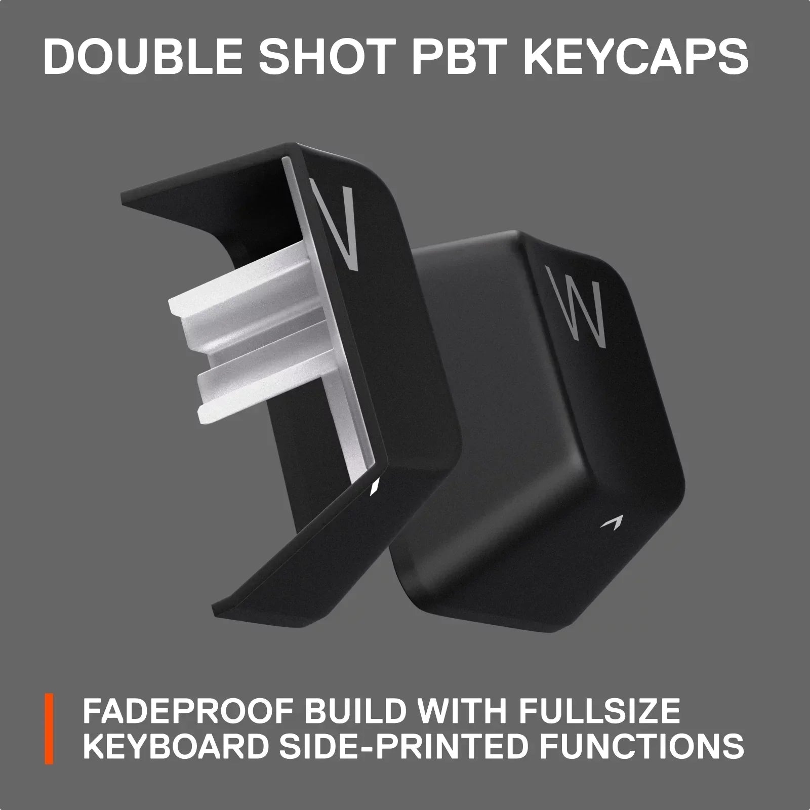 Double shot PBT keycaps for gaming keyboards, fadeproof build, side-printed functions.