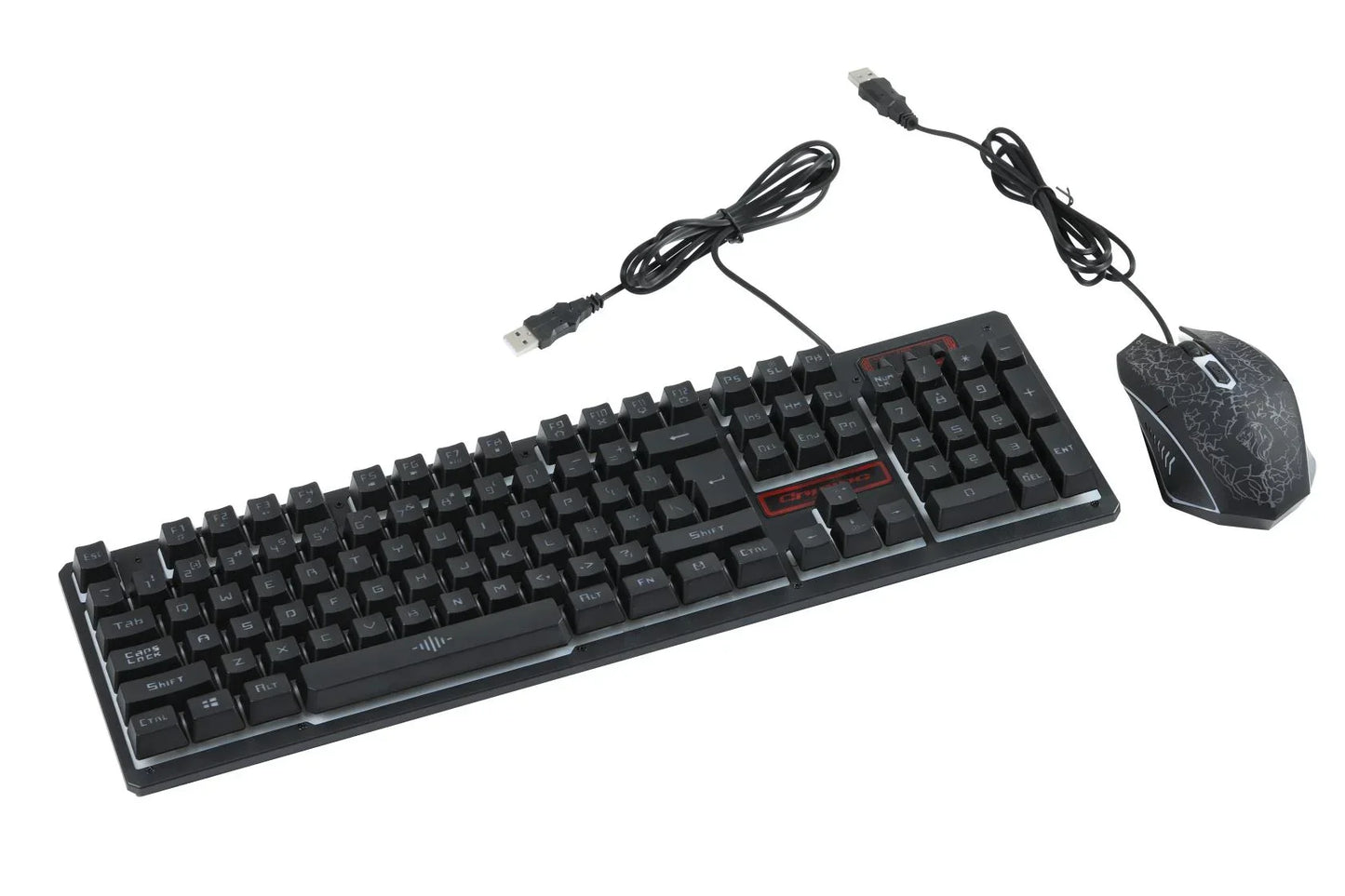 Black wired gaming keyboard and mouse set with USB connectors on white background