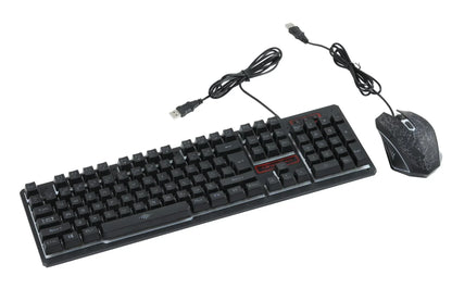 Black wired gaming keyboard and mouse set with USB connectors on white background