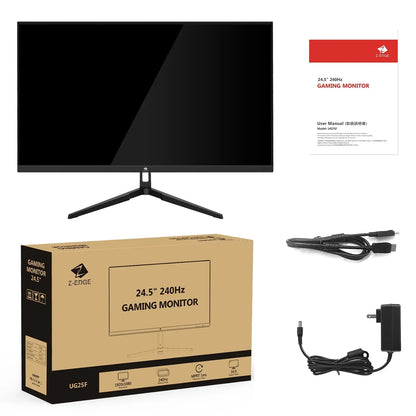 Z-EDGE 24.5-inch 240Hz gaming monitor with stand, manual, HDMI cable, power adapter, and packaging box