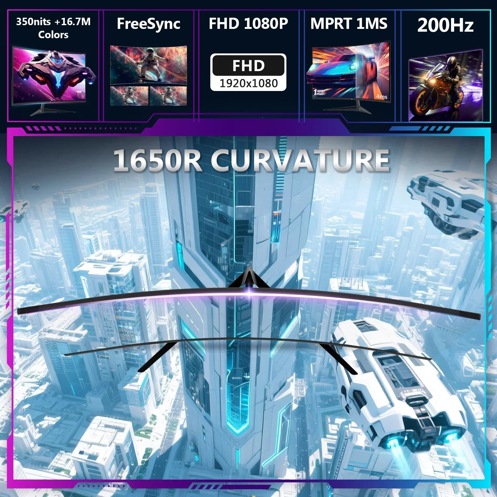 Curved gaming monitor display with futuristic cityscape and flying vehicles, 1650R curvature, FreeSync, FHD 1080P, 200Hz refresh