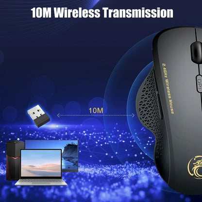 2.4GHz wireless gaming mouse with USB receiver, 10M range, shown with laptop and PC