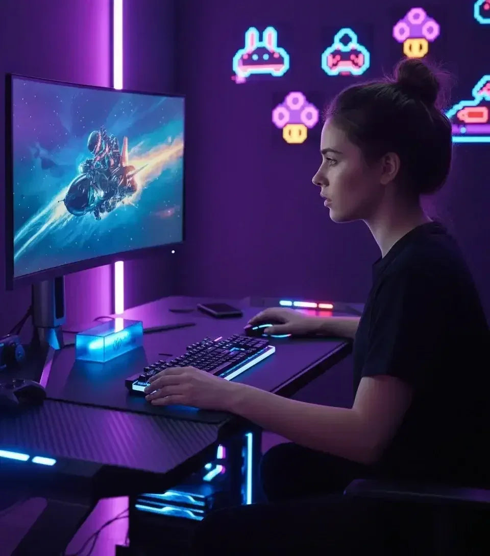 Young woman gaming on a PC with RGB keyboard and neon retro game icons on purple wall